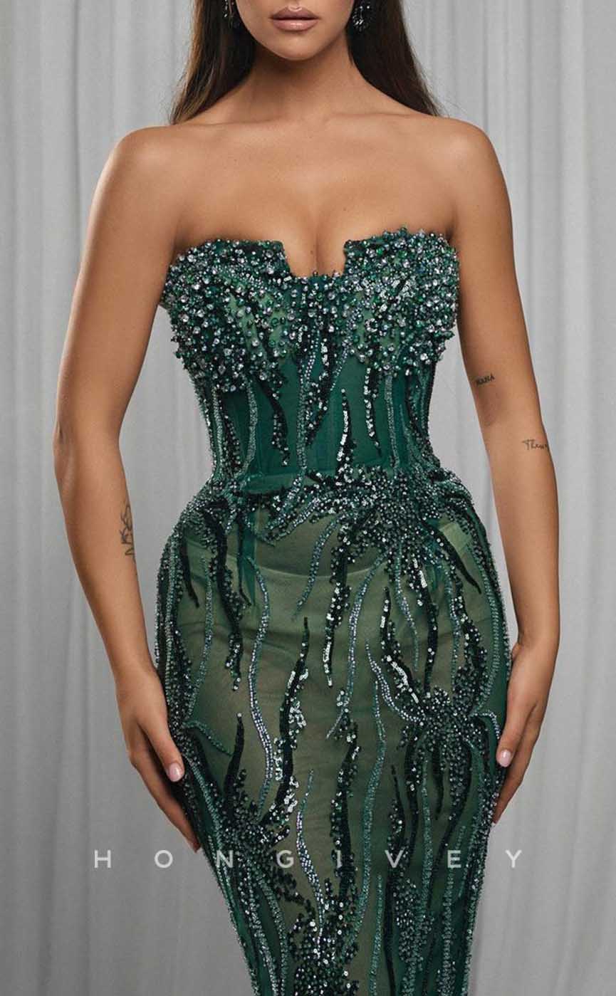 L2046 - Sexy Trumpt Glitter Sweetheart Strapless Empire Illusion Beaded Sequined Party Prom Evening Dress - Fashionpara