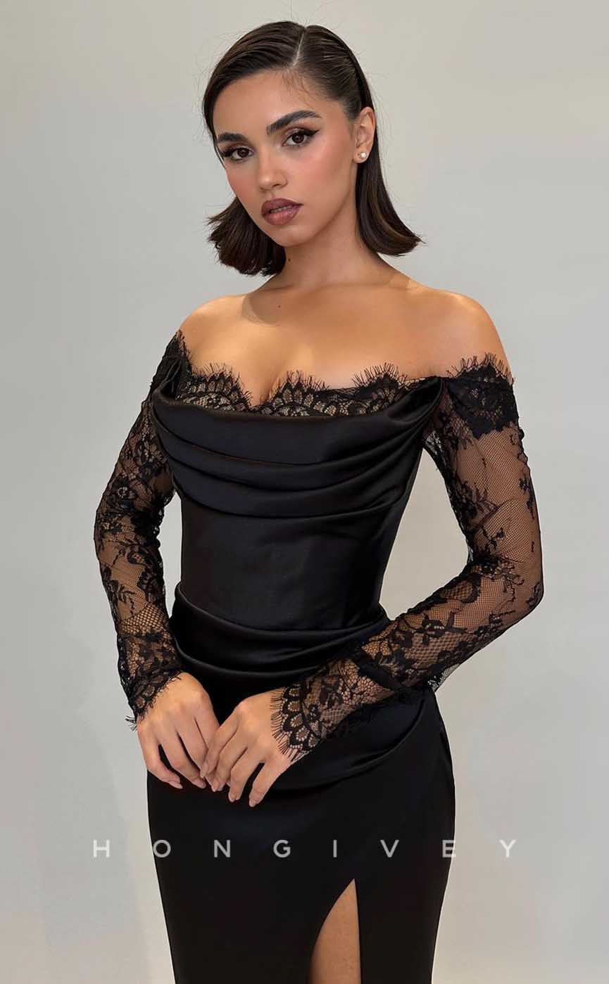 L2052 - Sexy Satin Fitted Off-Shoulder Lace Long Sleeve Empire Pleats With Side Slit Party Prom Evening Dress - Fashionpara