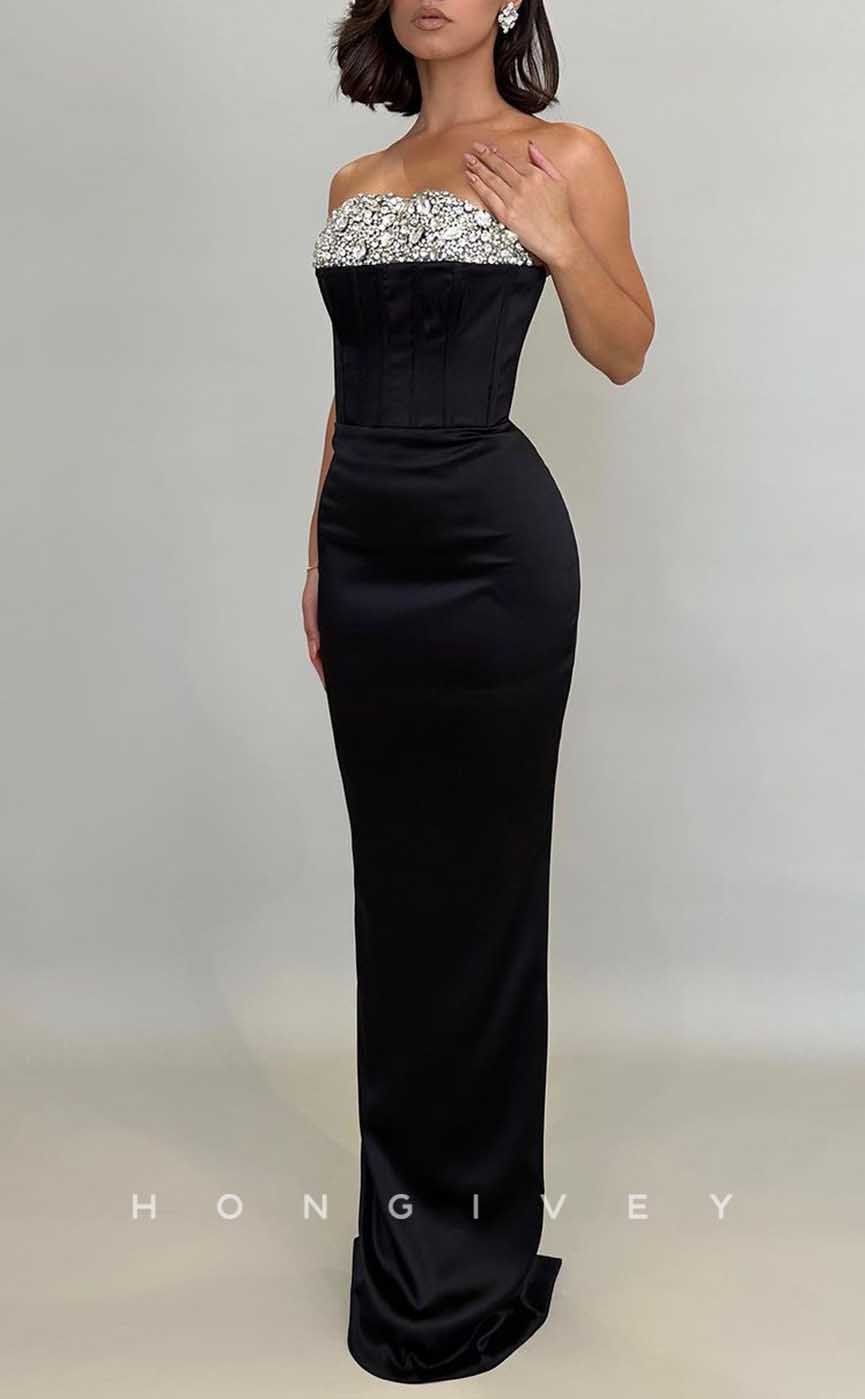 L2055 - Sexy Satin Fitted Strapless Sleeveless Empire Rhinestone Floor-Length Party Prom Evening Dress - Fashionpara