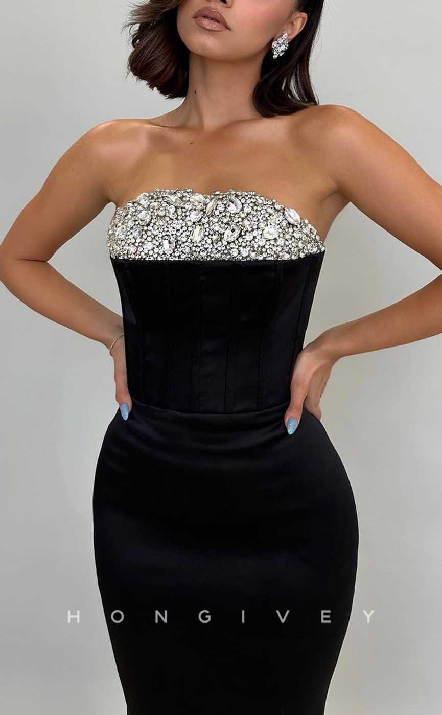 L2055 - Sexy Satin Fitted Strapless Sleeveless Empire Rhinestone Floor-Length Party Prom Evening Dress - Fashionpara