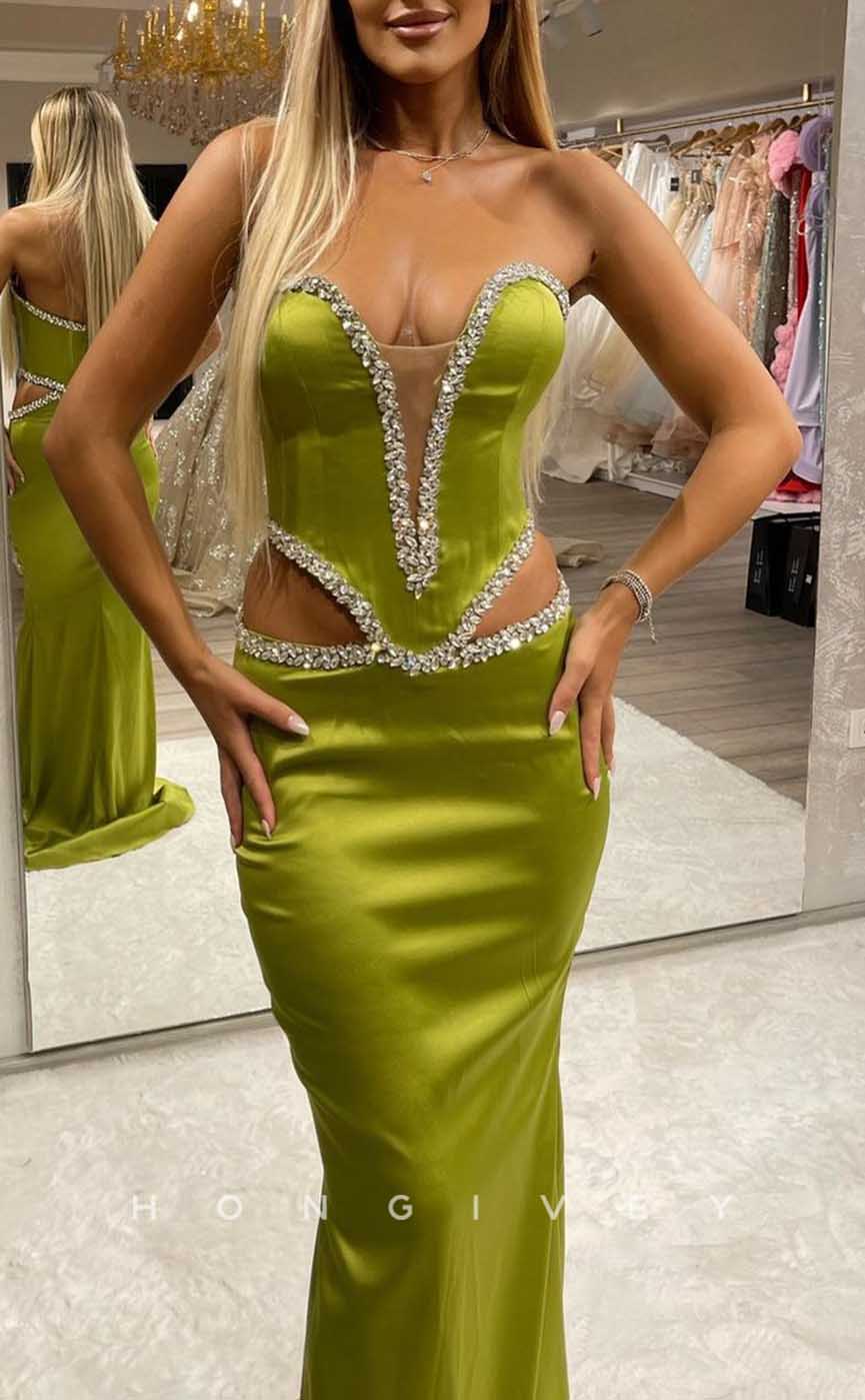L2058 - Sexy Satin Fitted Plunging V-Neck Strapless Illusion Empire Beaded Party Prom Evening Dress - Fashionpara