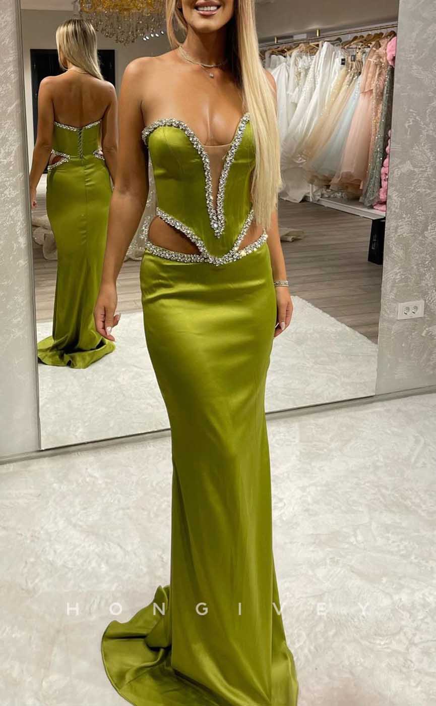 L2058 - Sexy Satin Fitted Plunging V-Neck Strapless Illusion Empire Beaded Party Prom Evening Dress - Fashionpara