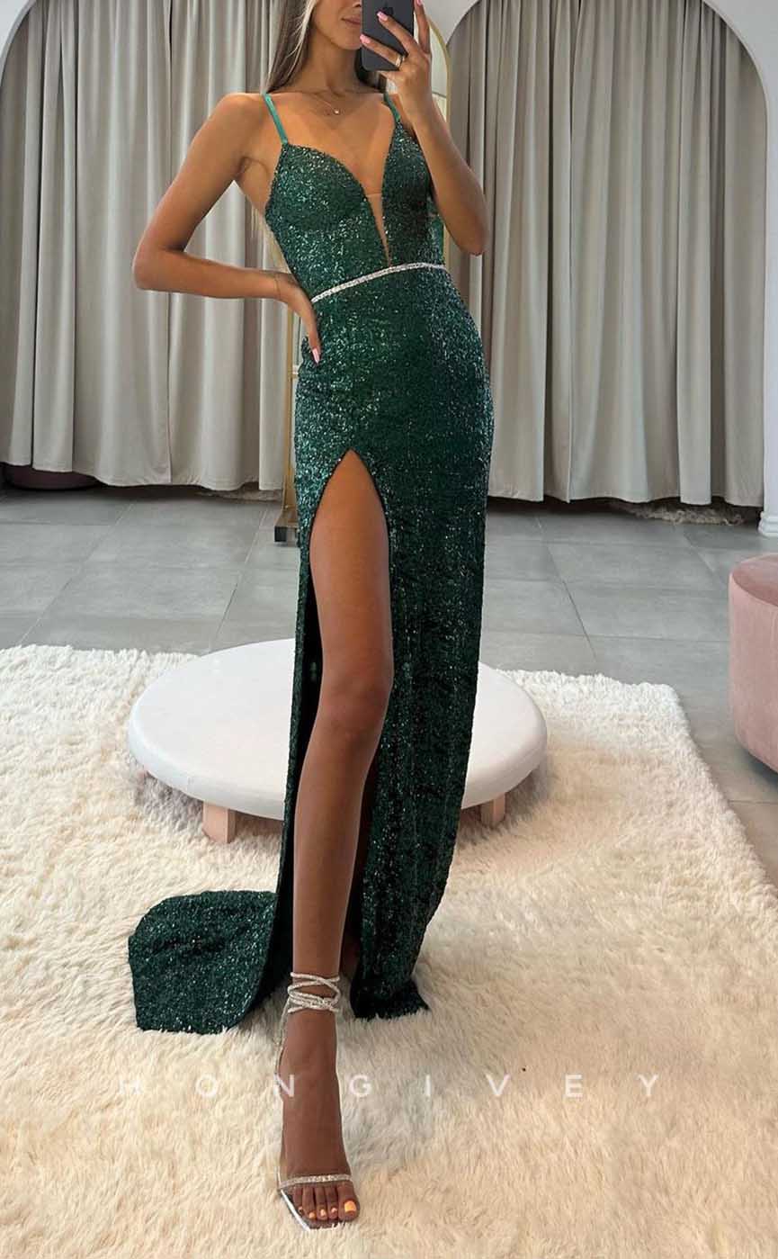 L2061 - Sexy Glitter Fitted Plunging V-Neck Spaghetti Straps Empire Fully Sequined Party Prom Evening Dress - Fashionpara