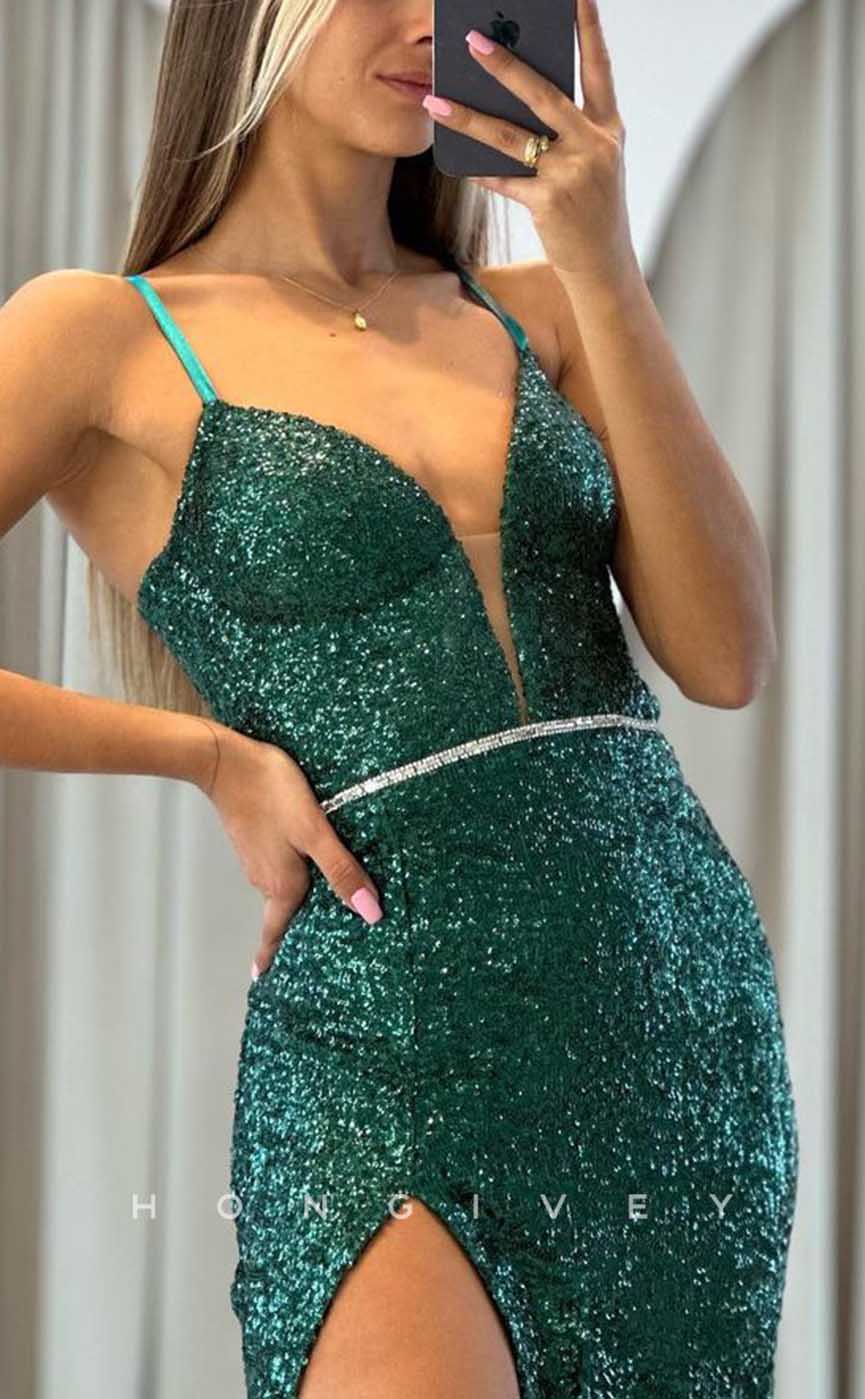 L2061 - Sexy Glitter Fitted Plunging V-Neck Spaghetti Straps Empire Fully Sequined Party Prom Evening Dress - Fashionpara