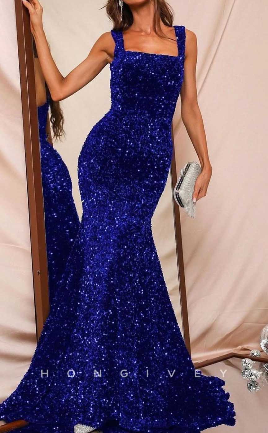 L2062 - Sexy Glitter Trumpt Square Straps Empire Fully Sequined With Train Party Prom Evening Dress - Fashionpara