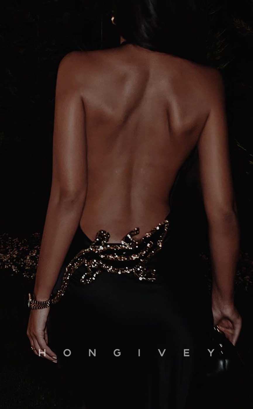 L2063 - Sexy Satin Trumpt Halter Empire Open Back Beaded Appliques With Train Party Prom Evening Dress - Fashionpara