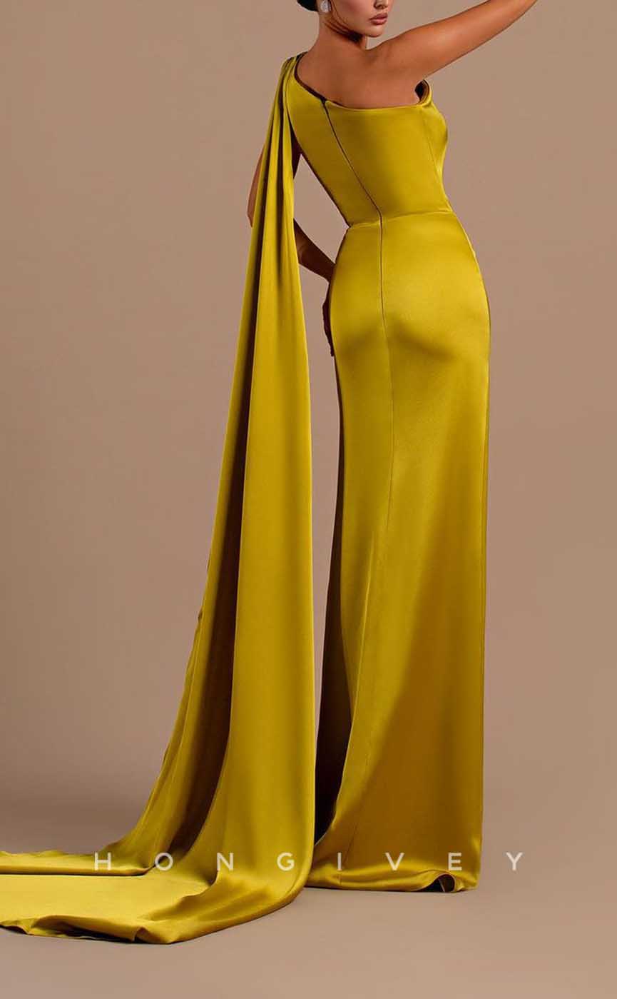 L2066 - Sexy Satin Fitted Off-Shoulder Sleeveless Empire Ruched With Side Slit Train Party Prom Evening Dress - Fashionpara