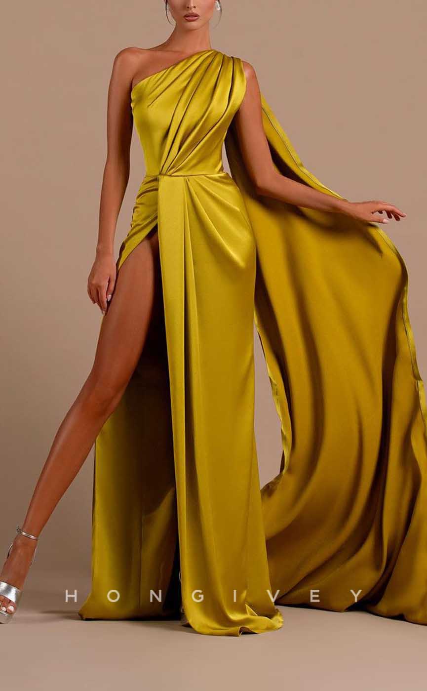 L2066 - Sexy Satin Fitted Off-Shoulder Sleeveless Empire Ruched With Side Slit Train Party Prom Evening Dress - Fashionpara