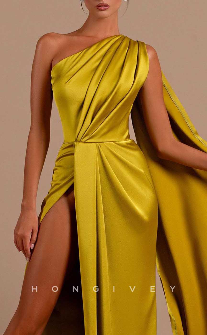 L2066 - Sexy Satin Fitted Off-Shoulder Sleeveless Empire Ruched With Side Slit Train Party Prom Evening Dress - Fashionpara