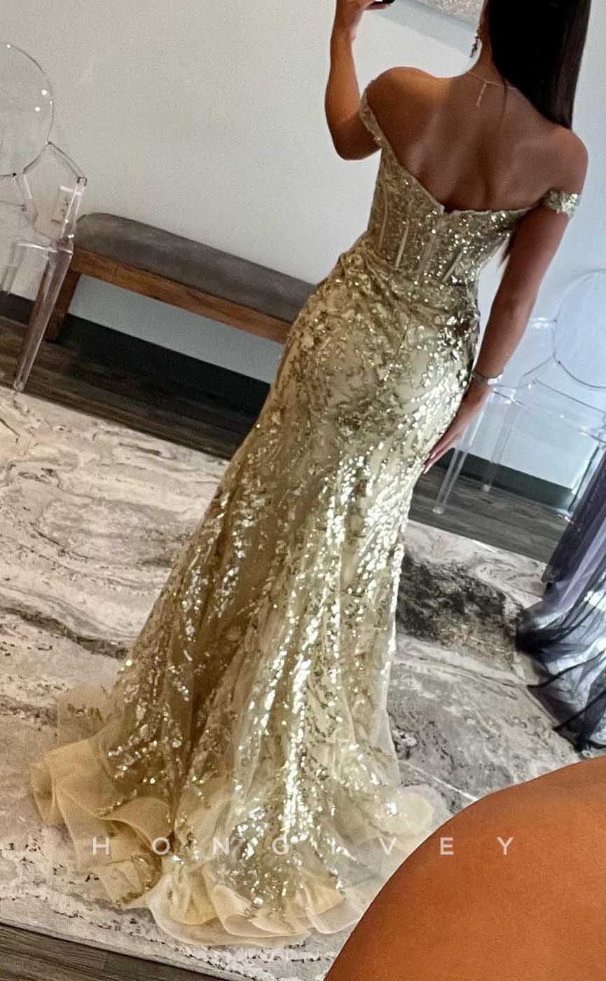 L2087 - Sexy Tulle A-Line Off-Shoulder Illusion Empire Sequined Appliques With Side Slit Party Prom Evening Dress - Fashionpara