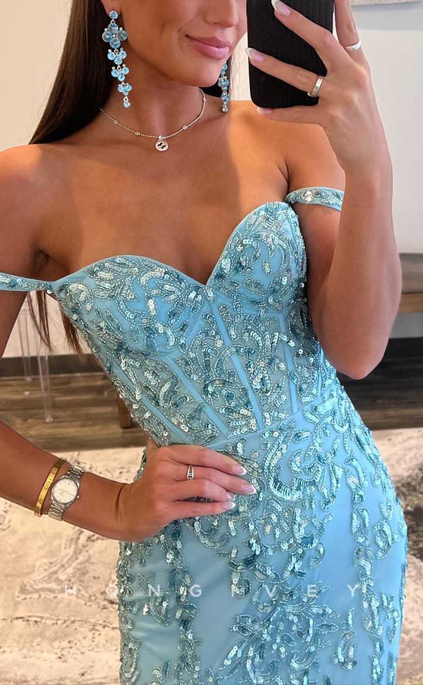 L2093 - Sexy Satin Fitted Off-Shoulder Empire Beaded Appliques With Side Slit Party Prom Evening Dress - Fashionpara