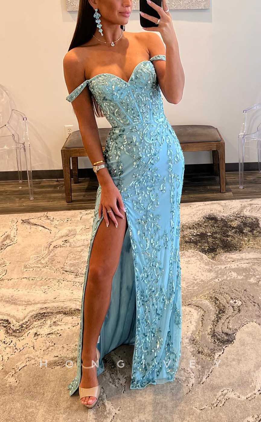 L2093 - Sexy Satin Fitted Off-Shoulder Empire Beaded Appliques With Side Slit Party Prom Evening Dress - Fashionpara