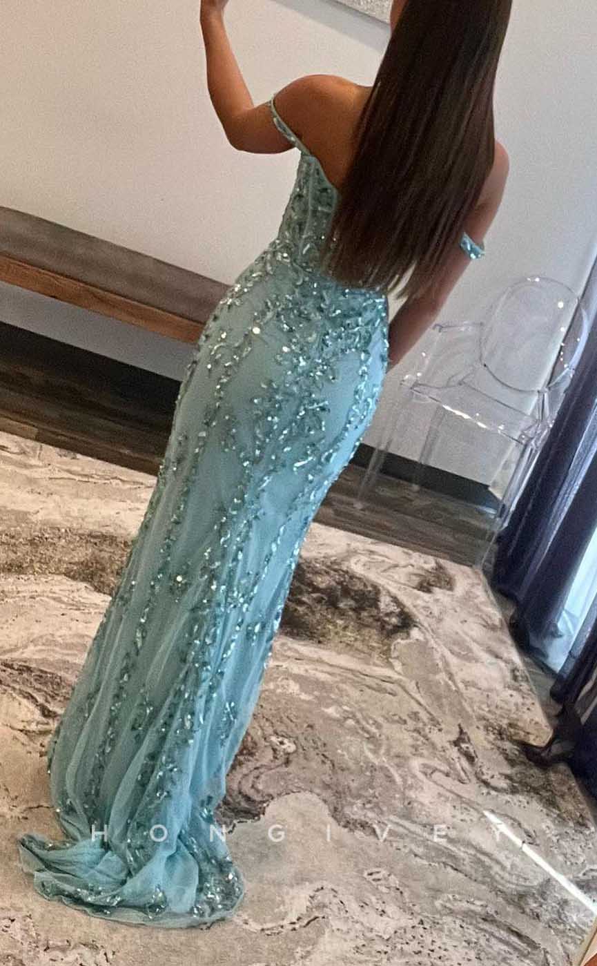 L2093 - Sexy Satin Fitted Off-Shoulder Empire Beaded Appliques With Side Slit Party Prom Evening Dress - Fashionpara