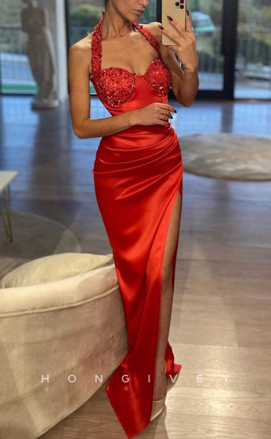 L2094 - Sexy Satin Fitted Sweetheart Halter Empire Sequined Ruched With Side Slit Party Prom Evening Dress - Fashionpara