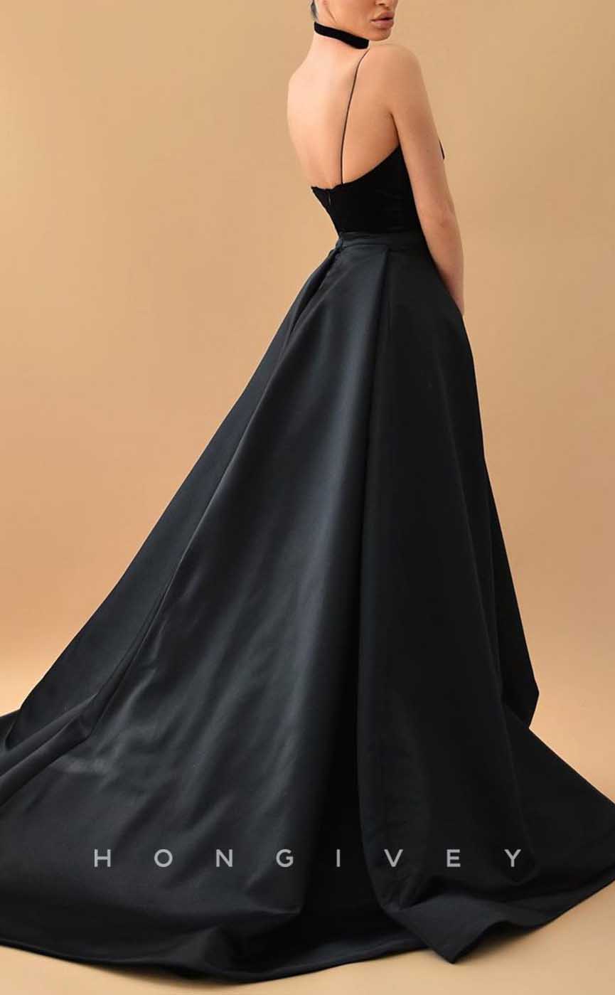 L2096 - Sexy Satin A-Line V-Neck Spaghetti Straps Empire With Side Slit Train Party Prom Evening Dress - Fashionpara