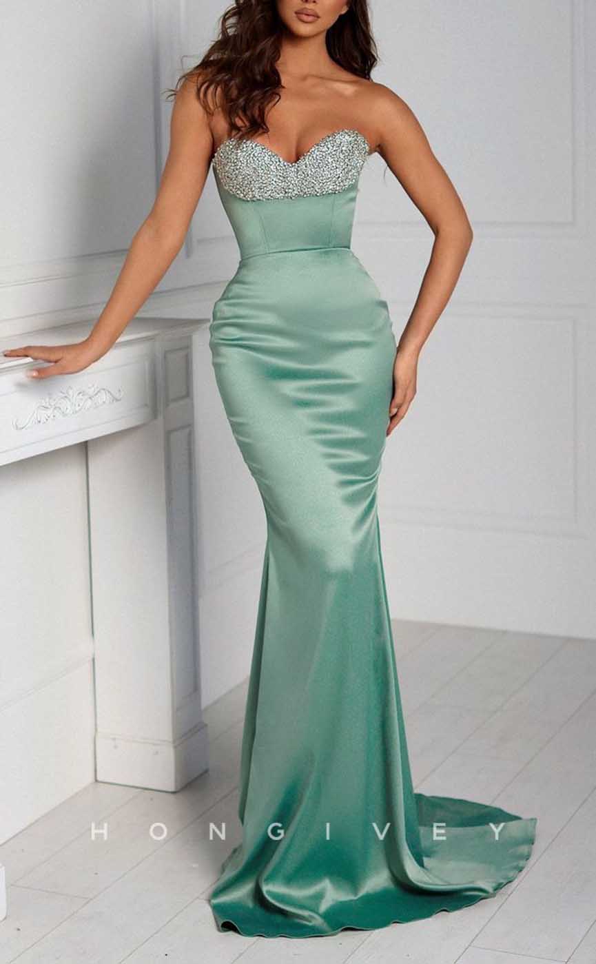 L2097 - Sexy Satin Trumpt Sweetheart Strapless Empire Beaded With Train Party Prom Evening Dress - Fashionpara