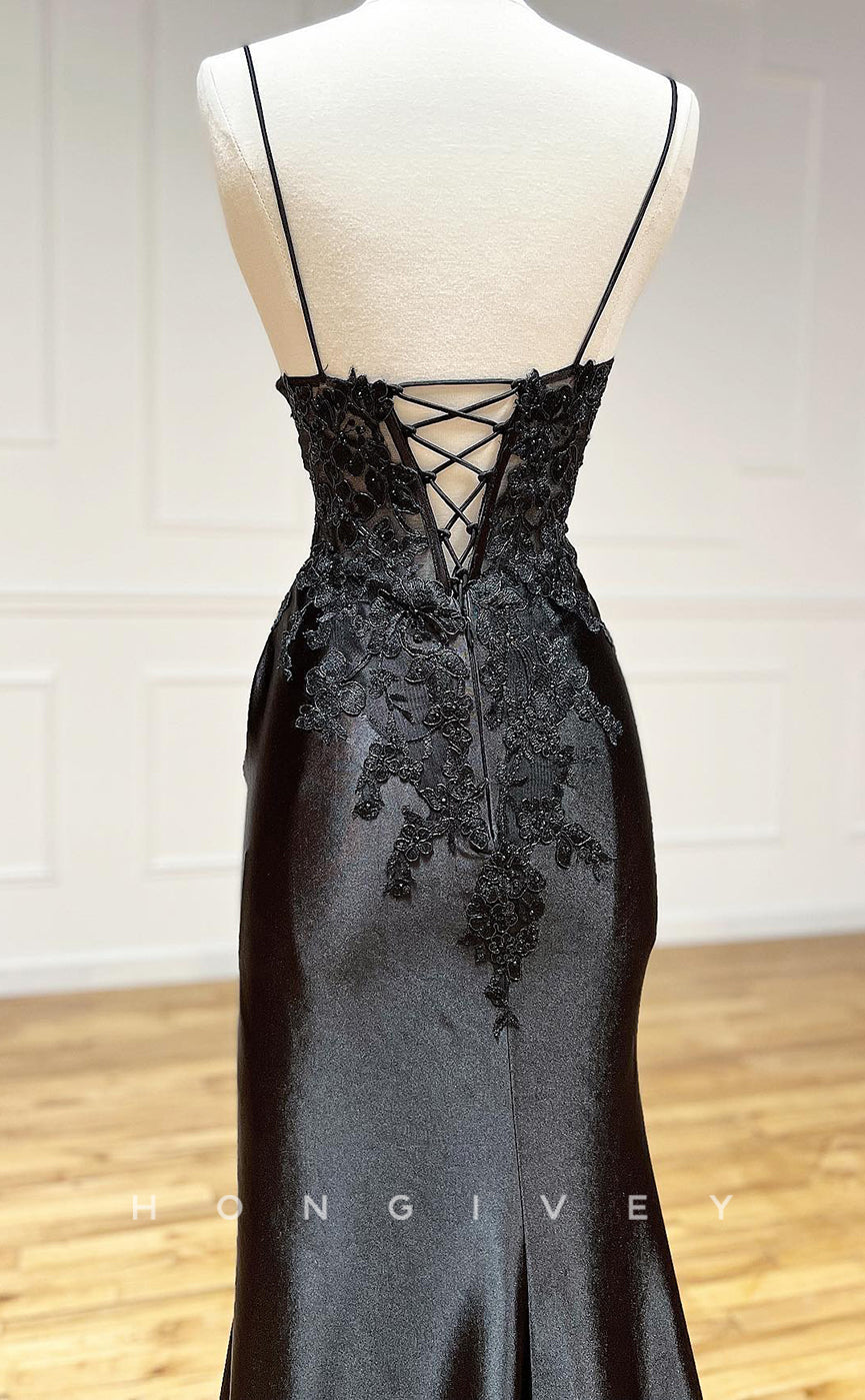 L2098 - Sexy Satin A-Line V-Neck Spaghetti Straps Empire Beaded Appliques Party Prom Evening Dress - Fashionpara