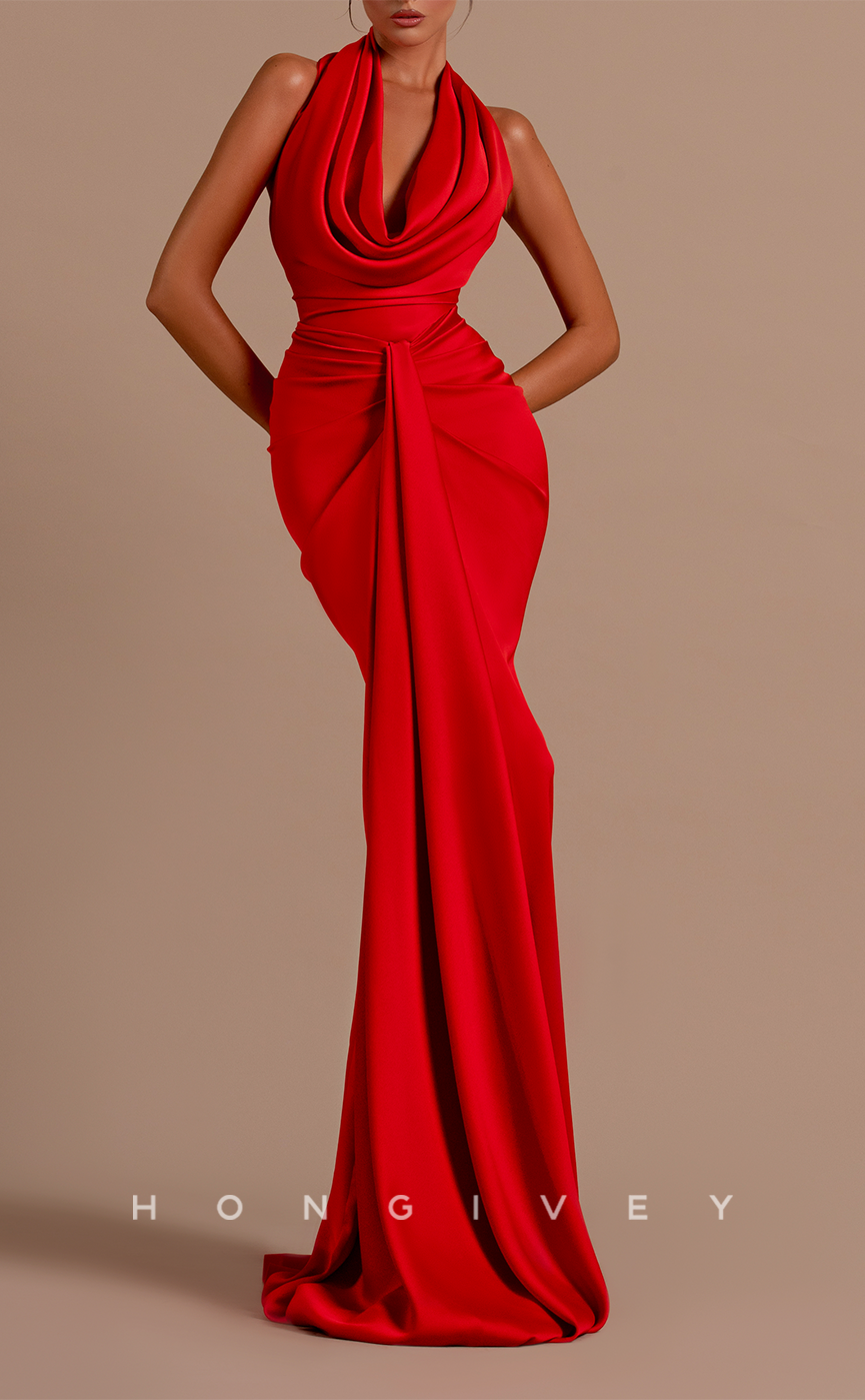 L2101 - Sexy Red Satin Fitted Halter Empire Ruched With Sweep Train Party Prom Evening Dress - Fashionpara
