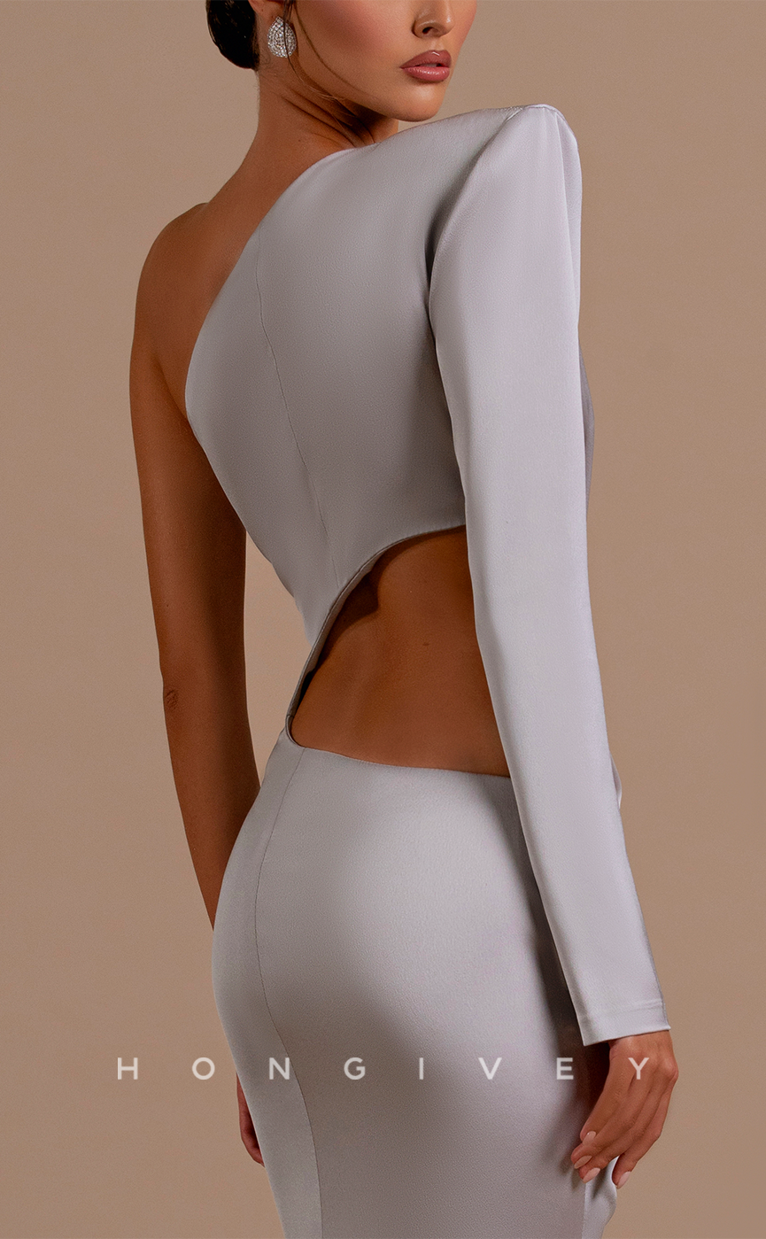 L2103 - Sexy Satin Fitted One Shoulder Long Sleeve Empire Ruched With Side Slit Party Prom Evening Dress - Fashionpara