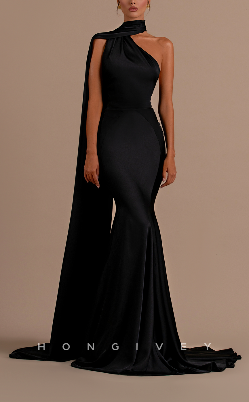 L2105 - Sexy Satin Trumpt High Neck Sleeveless Empire Open Back With Sweep Train Party Prom Evening Dress - Fashionpara