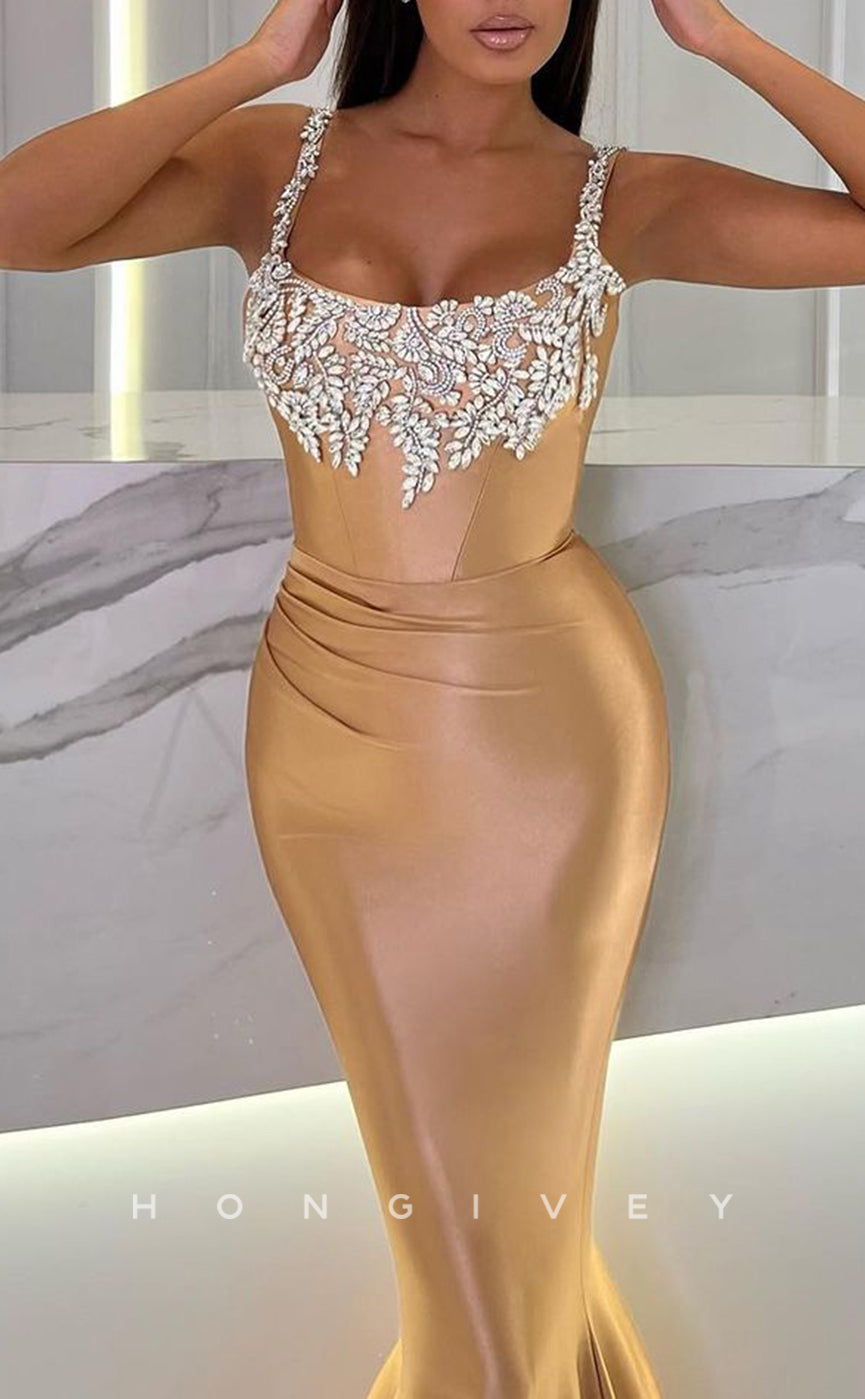 L2135 - Sexy Satin Trumpet Square Spaghetti Straps Empire Beaded Ruched Party Prom Evening Dress - Fashionpara