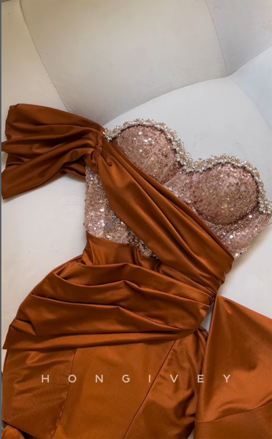 L2137 - Sexy Satin Trumpet Sweetheart One Shoulder Empire Beaded Ruched With Train Party Prom Evening Dress - Fashionpara