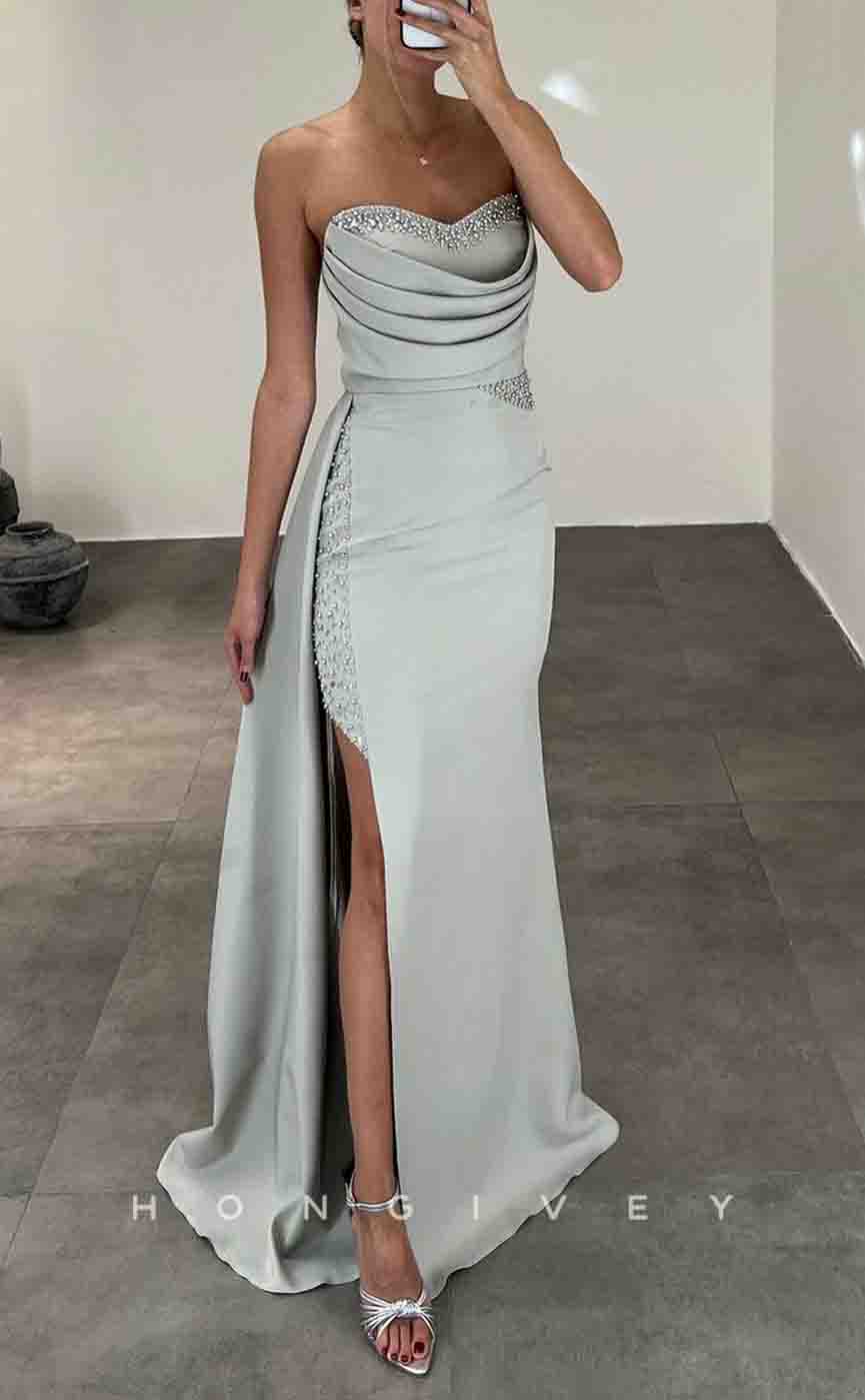 L2149 - Sexy Satin Fitted Sweetheart Strapless Empire Pleats Beaded With Side Slit Train Party Prom Evening Dress - Fashionpara