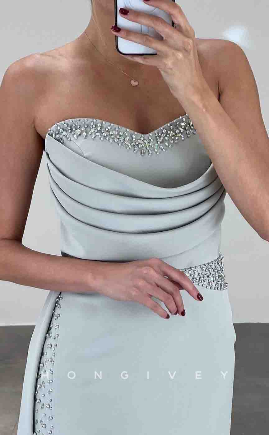 L2149 - Sexy Satin Fitted Sweetheart Strapless Empire Pleats Beaded With Side Slit Train Party Prom Evening Dress - Fashionpara