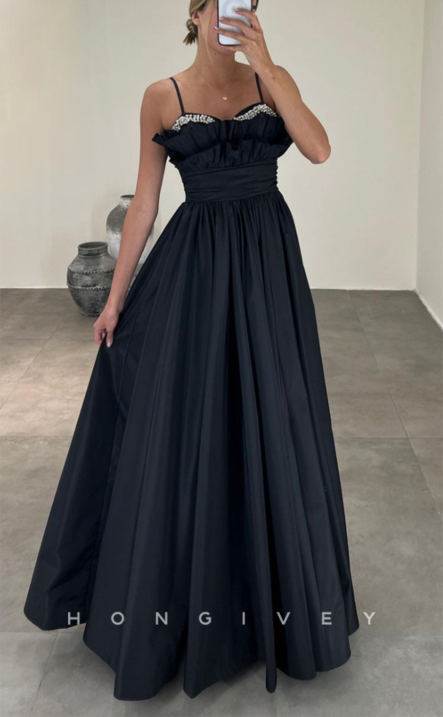 L2150 - Sexy Satin A-Line Sweetheart Spaghetti Straps Ruffled Empire Beaded Party Prom Evening Dress - Fashionpara