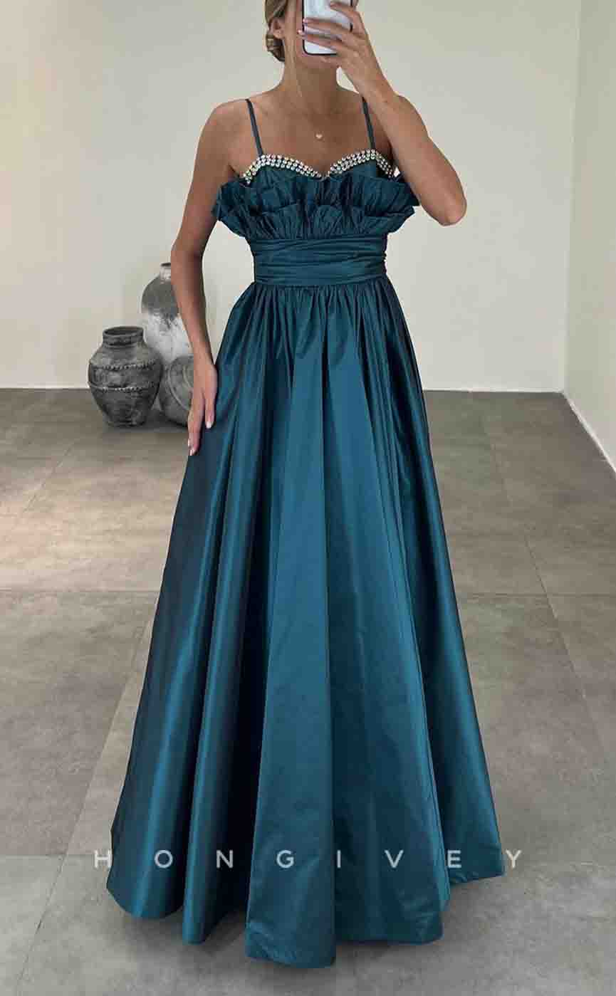L2150 - Sexy Satin A-Line Sweetheart Spaghetti Straps Ruffled Empire Beaded Party Prom Evening Dress - Fashionpara