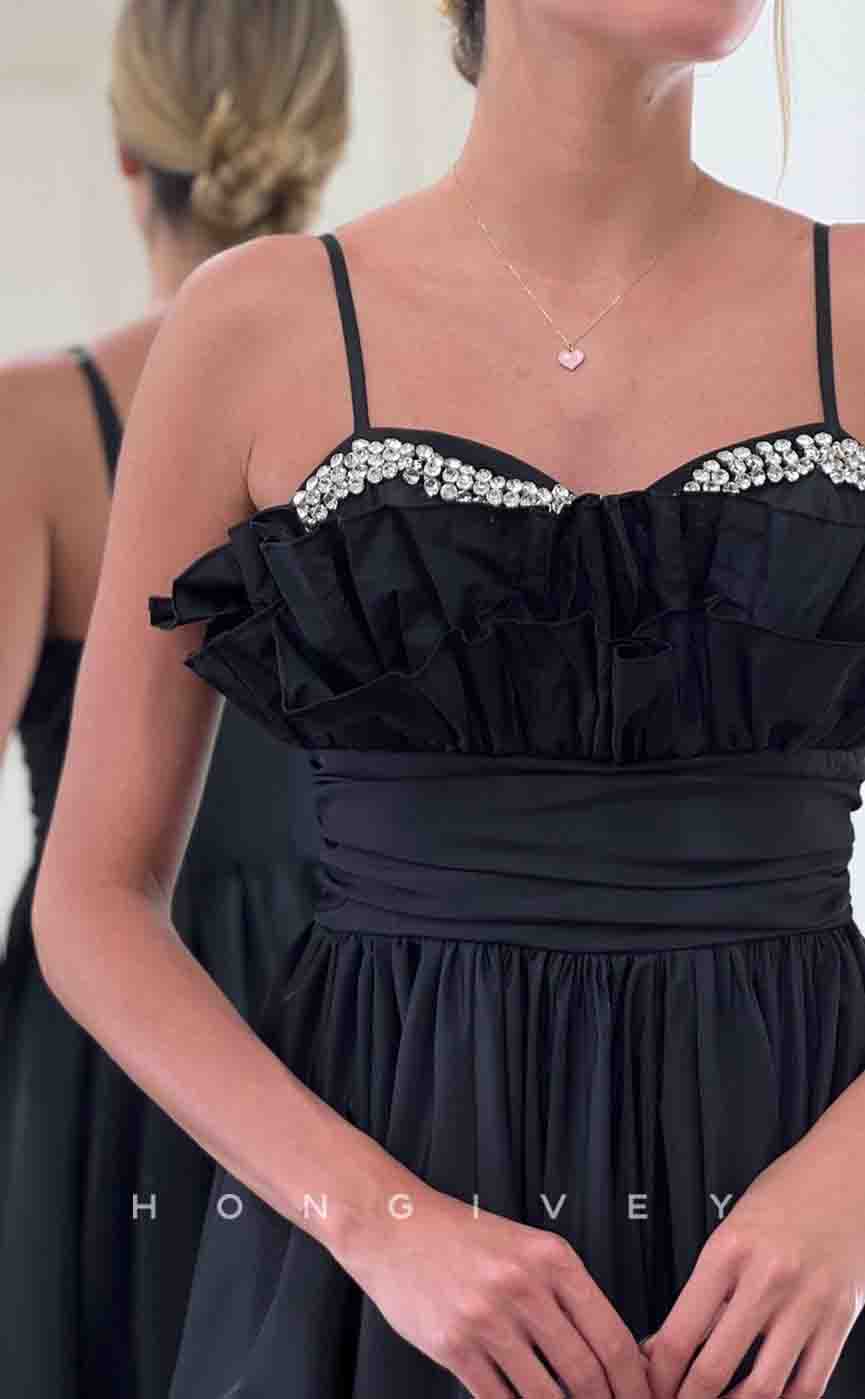 L2150 - Sexy Satin A-Line Sweetheart Spaghetti Straps Ruffled Empire Beaded Party Prom Evening Dress - Fashionpara