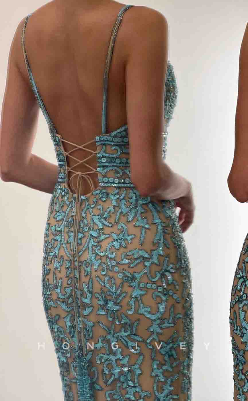 L2151 - Sexy Satin Fitted V-Neck Spaghetti Straps Empire Sequined Appliques Party Prom Evening Dress - Fashionpara