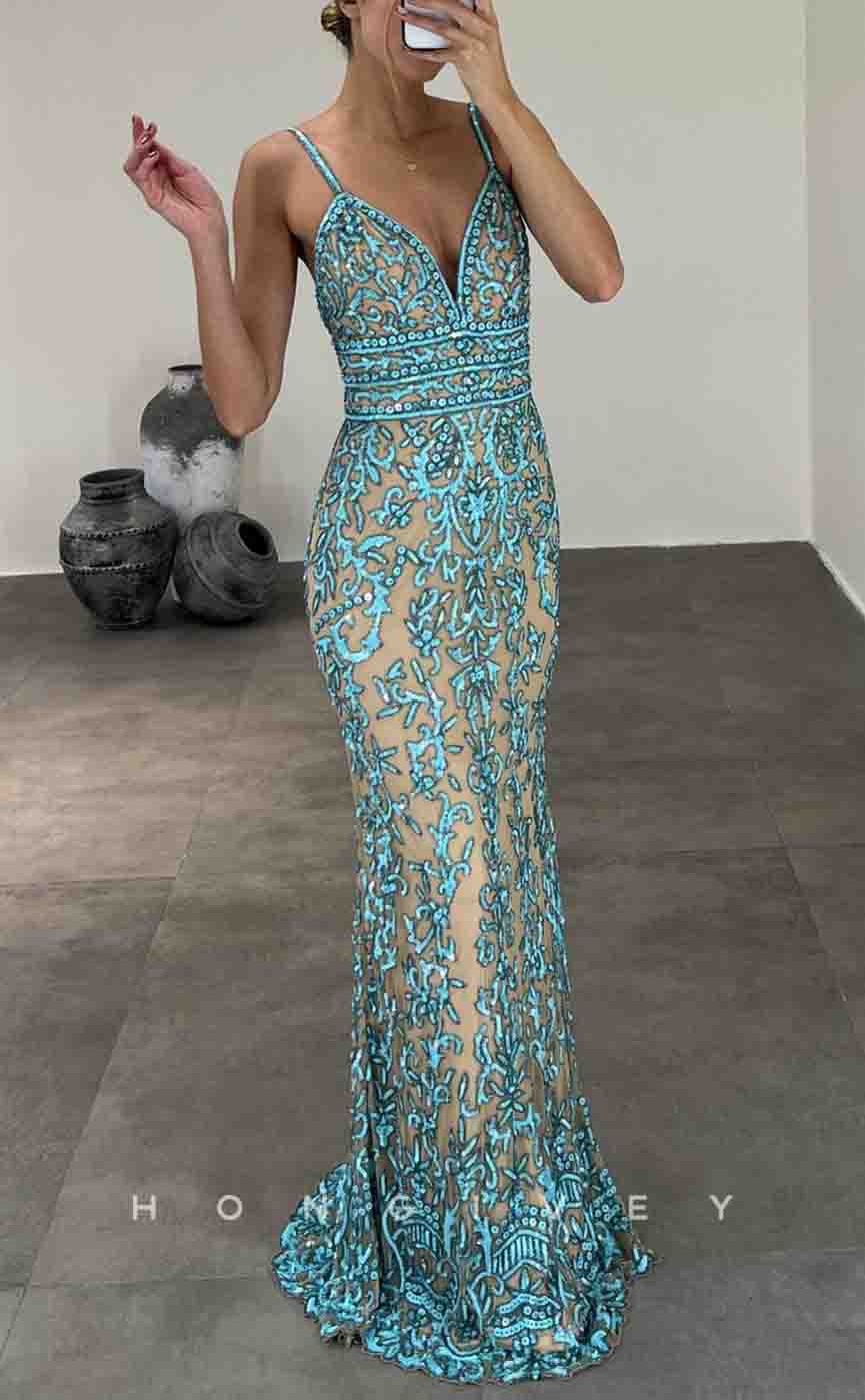 L2151 - Sexy Satin Fitted V-Neck Spaghetti Straps Empire Sequined Appliques Party Prom Evening Dress - Fashionpara