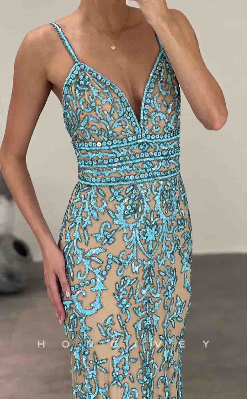 L2151 - Sexy Satin Fitted V-Neck Spaghetti Straps Empire Sequined Appliques Party Prom Evening Dress - Fashionpara