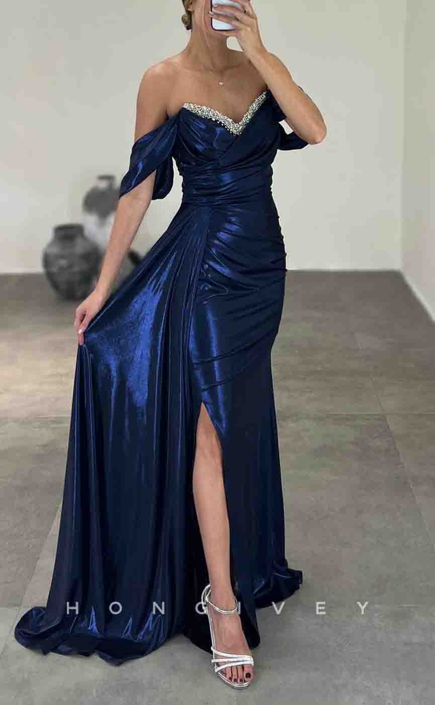 L2155 - Sexy Satin Fitted Off-Shoulder Empire Beaded Ruched With Side Slit Train Party Prom Evening Dress - Fashionpara