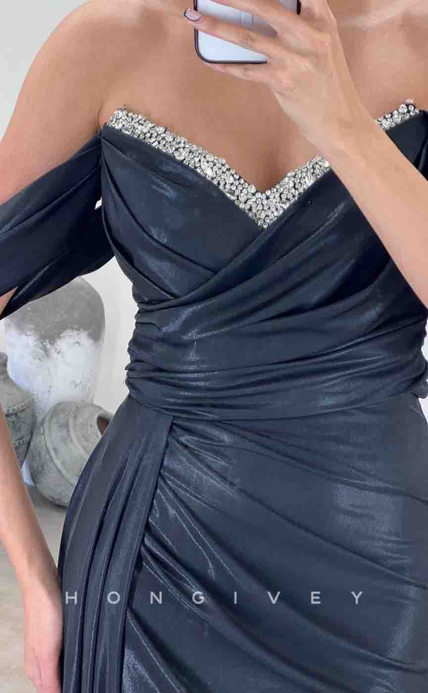 L2155 - Sexy Satin Fitted Off-Shoulder Empire Beaded Ruched With Side Slit Train Party Prom Evening Dress - Fashionpara