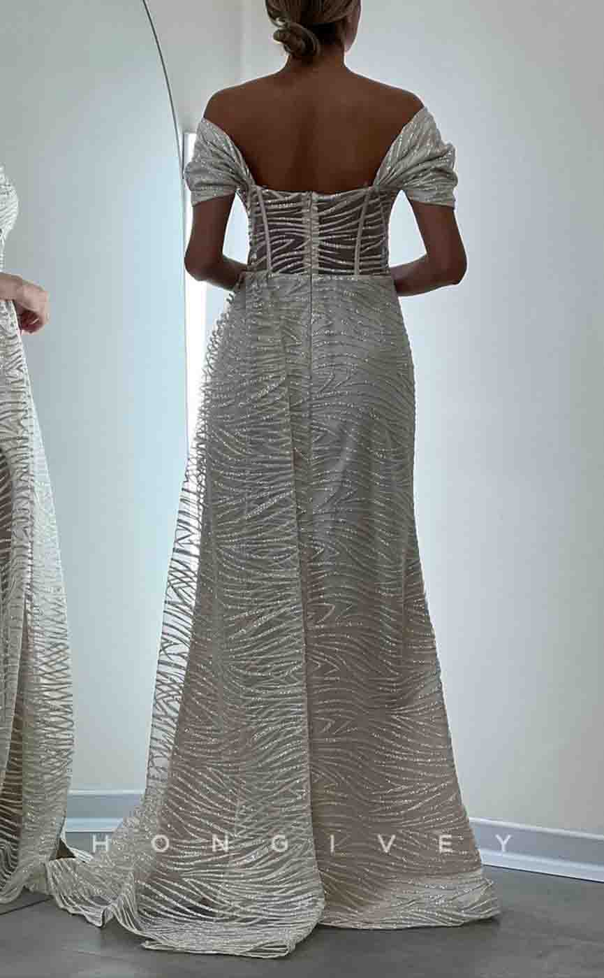 L2156 - Sexy Satin Fitted Off-Shoulder Illusion Empire Glitter With Side Slit Train Party Prom Evening Dress - Fashionpara