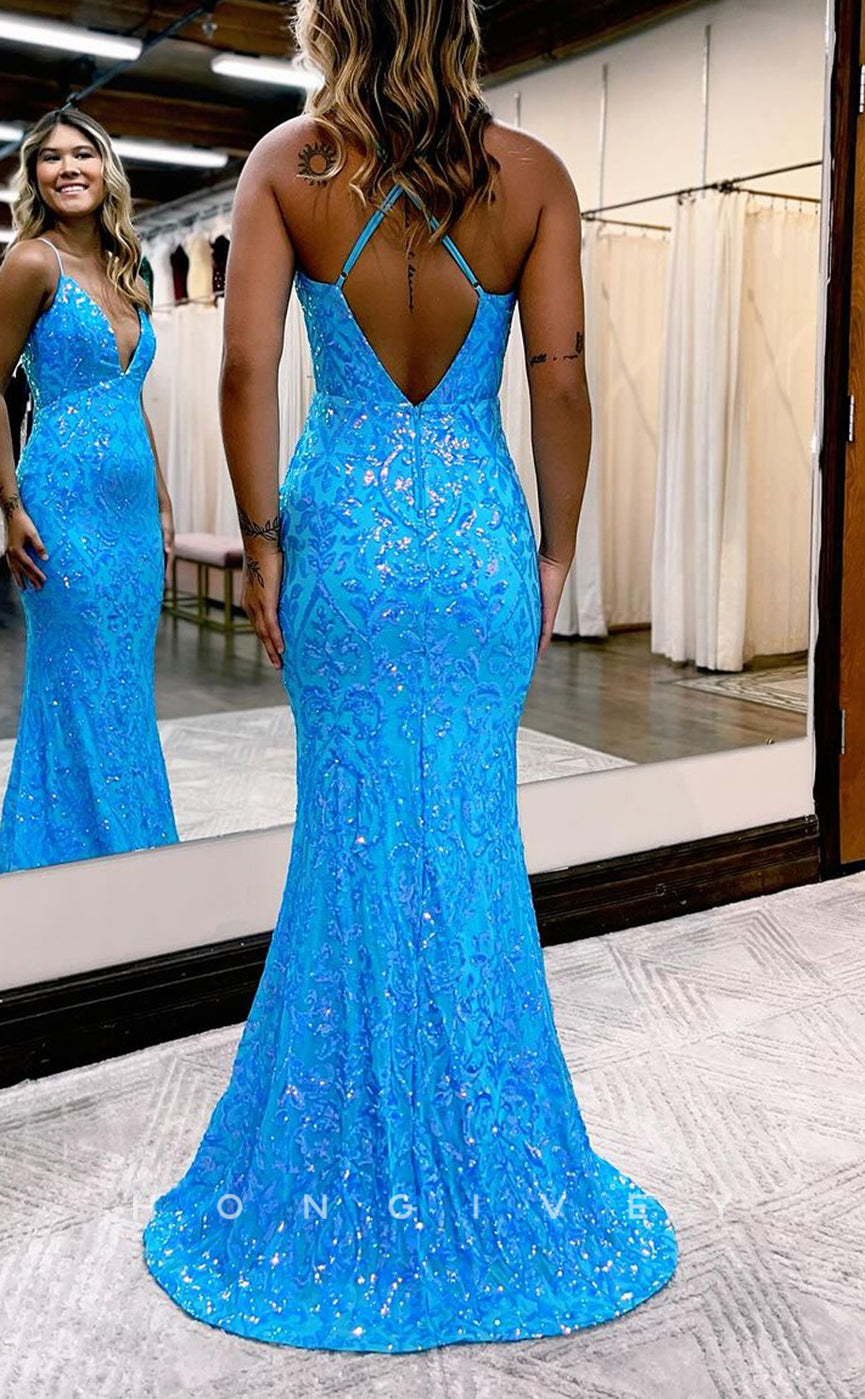 L2198 - Sexy Glitter Satin Trumpet V-Neck Spaghetti Straps Empire Appliques Party Prom Evening Dress - Fashionpara