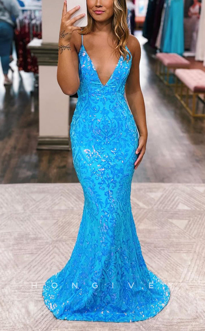L2198 - Sexy Glitter Satin Trumpet V-Neck Spaghetti Straps Empire Appliques Party Prom Evening Dress - Fashionpara