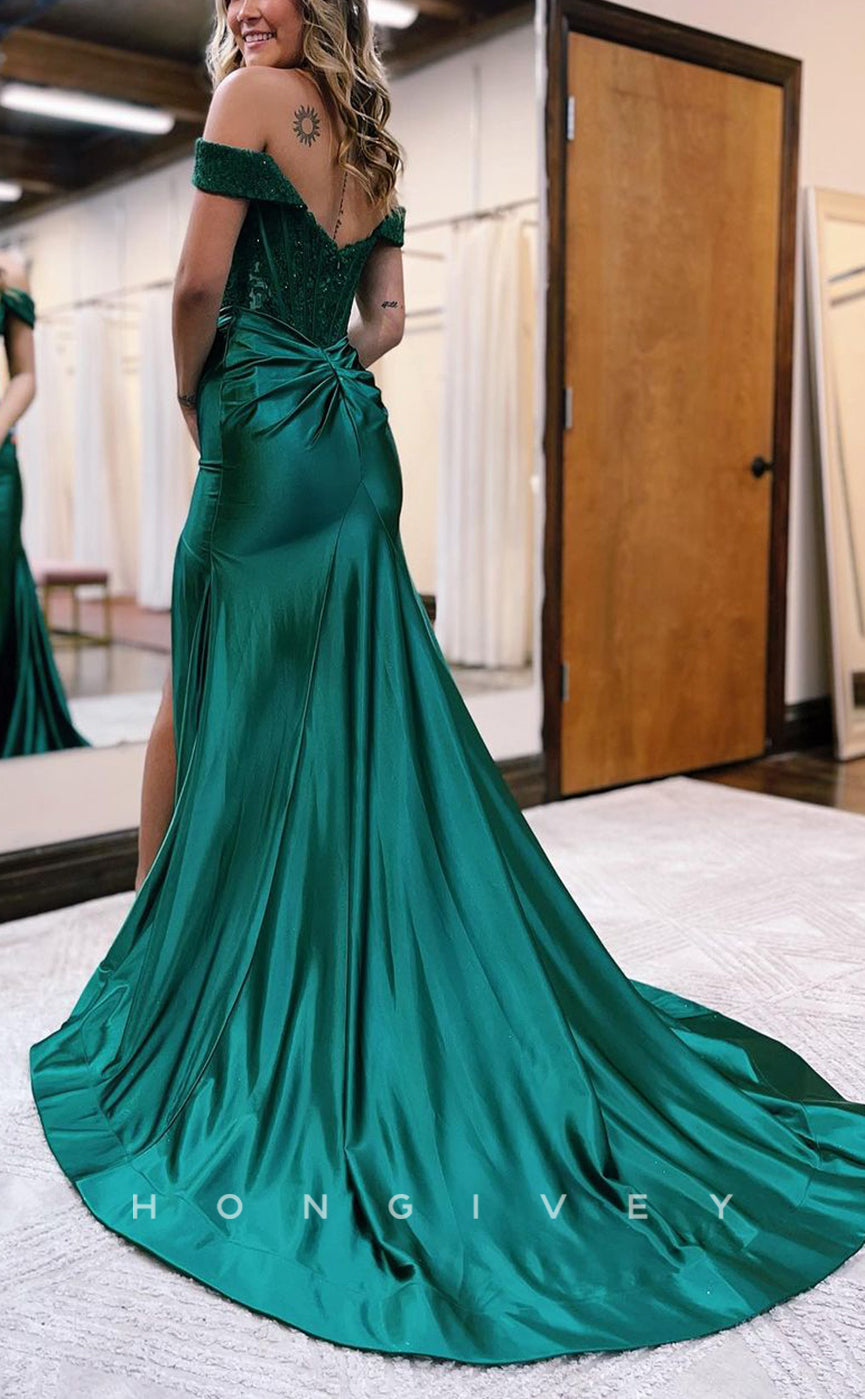 L2201 - Sexy Satin A-Line Off-Shoulder Empire Appliques Pleats With Side Slit Party Prom Evening Dress - Fashionpara