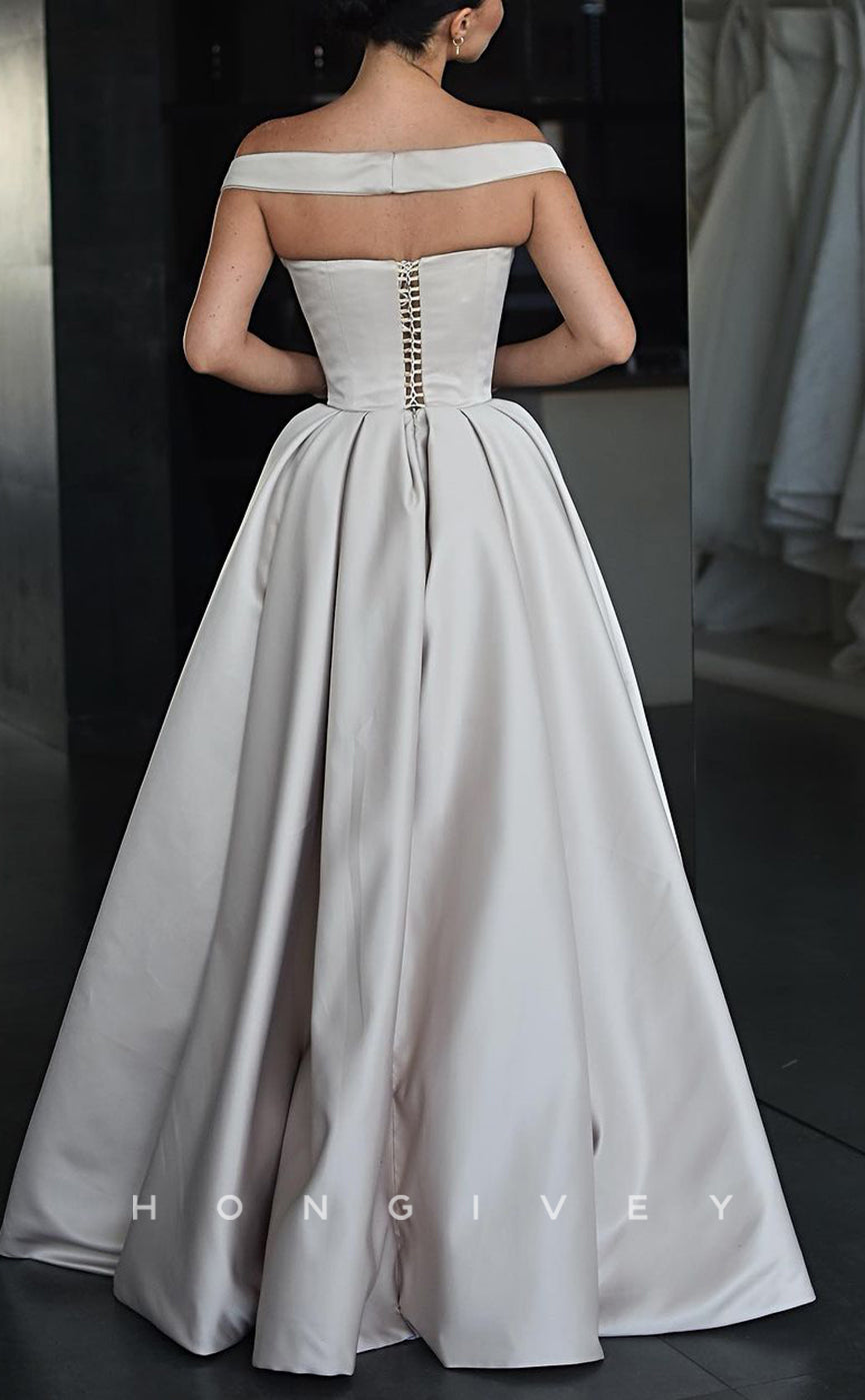 L2202 - Sexy Satin A-LIne Off-Shoulder Empire Ruched Pockets With Side Slit Floor-Length Party Prom Evening Dress - Fashionpara