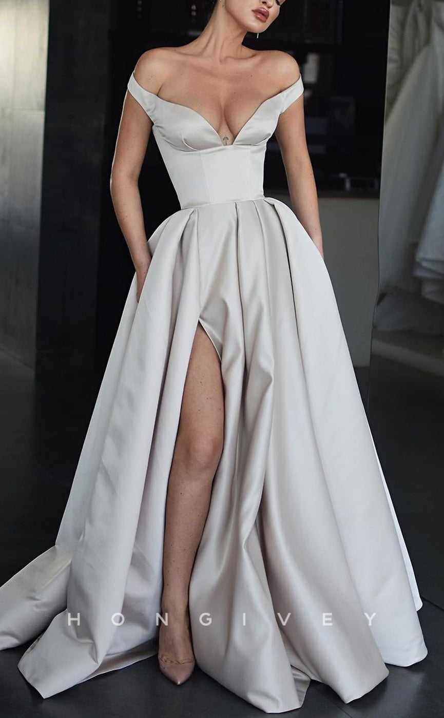 L2202 - Sexy Satin A-LIne Off-Shoulder Empire Ruched Pockets With Side Slit Floor-Length Party Prom Evening Dress - Fashionpara