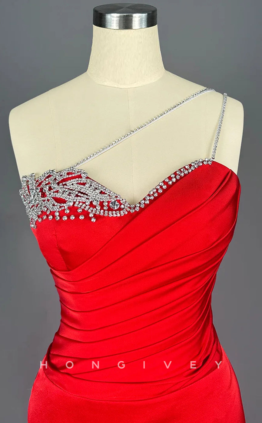 L2204 - Sexy Satin Trumpet One Shoulder Sleeveless Empire Beaded With Train Party Prom Evening Dress - Fashionpara