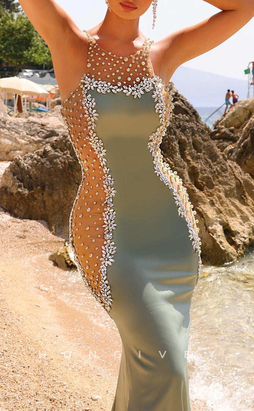 L2209 - Sexy Satin Trumpet Scoop Strapless Empire Illusion Beaded With Train Party Prom Evening Dress - Fashionpara