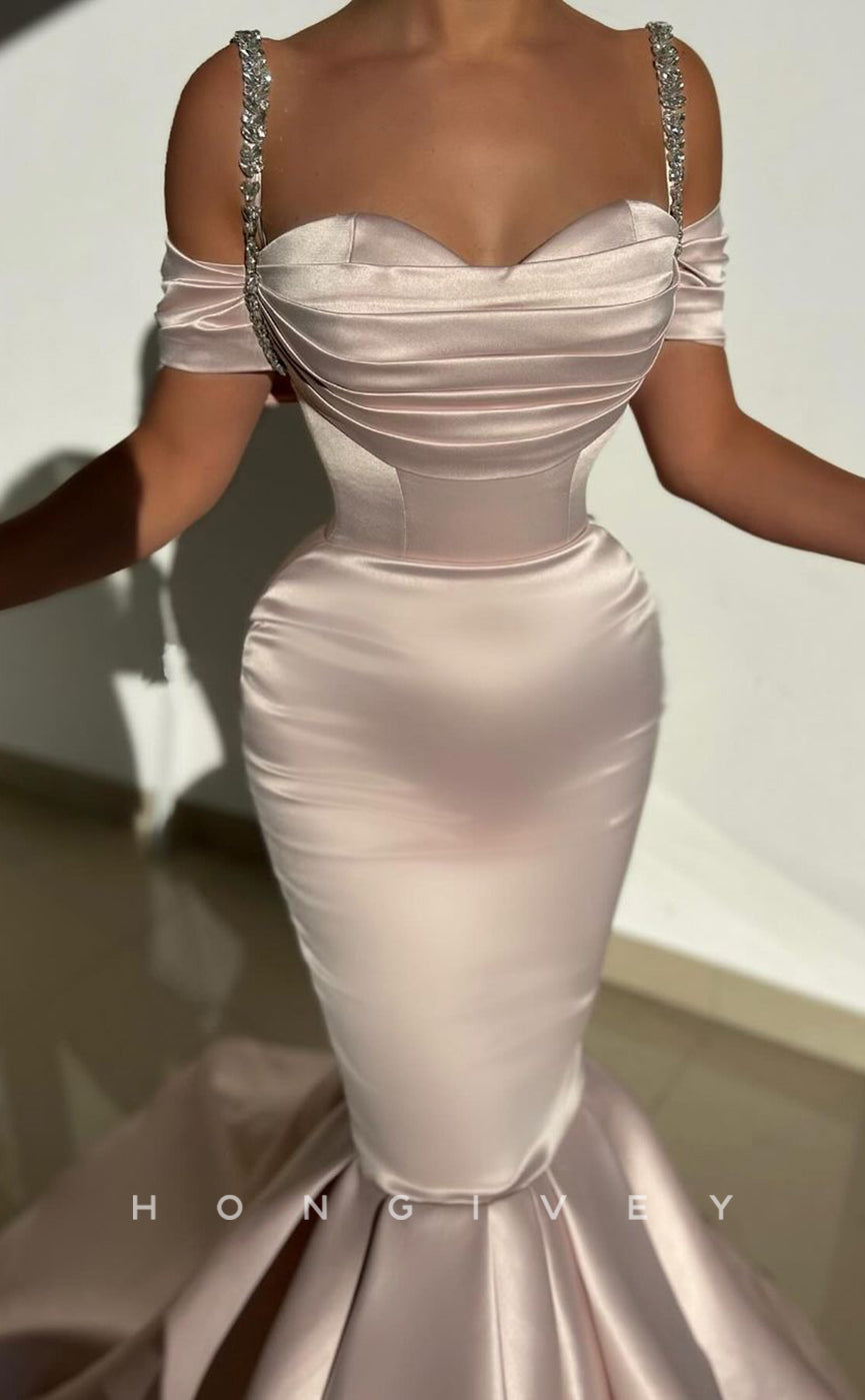 L2229 - Sexy Satin Trumpet Sweetheart Empire Beaded Straps Ruched With Train Party Prom Evening Dress - Fashionpara