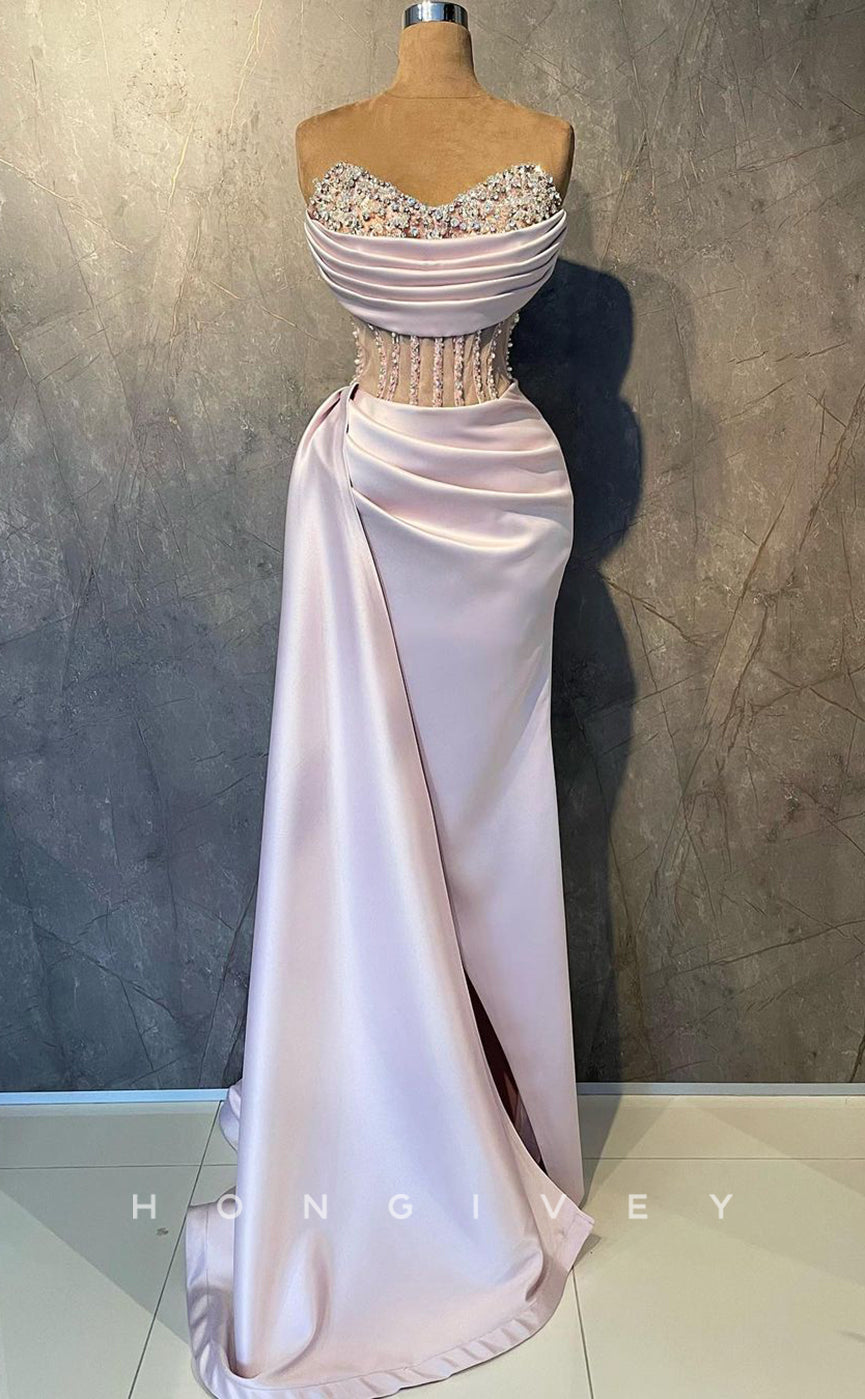 L2343 - Sexy Satin Fitted V-Neck Strapless Illusion Empire Beaded Pleats With Side Slit Party Prom Evening Dress - Fashionpara