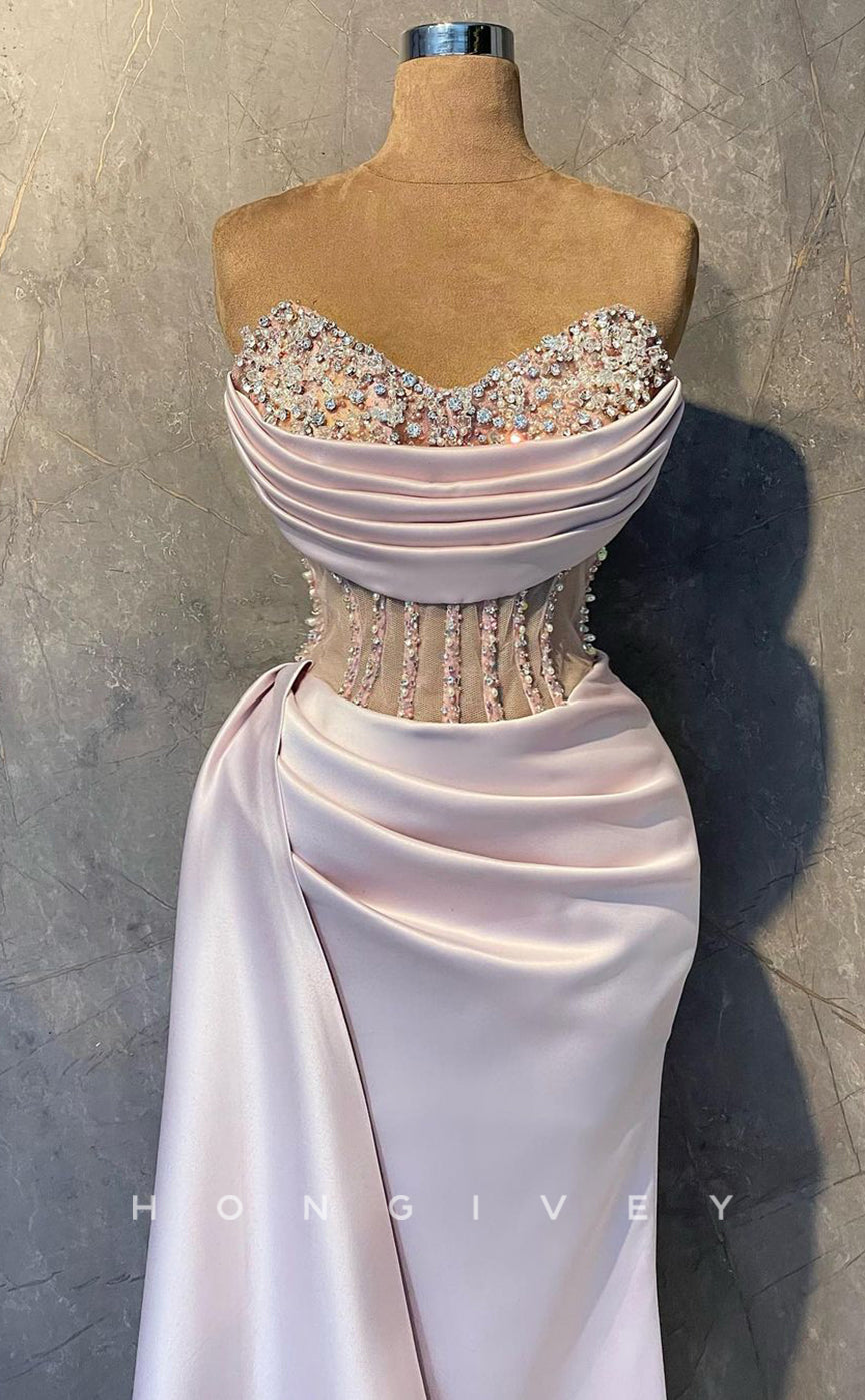 L2343 - Sexy Satin Fitted V-Neck Strapless Illusion Empire Beaded Pleats With Side Slit Party Prom Evening Dress - Fashionpara