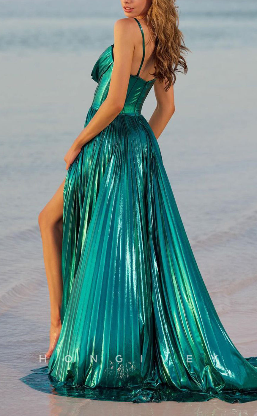 L2354 - Sexy Glitter Satin A-Line Bateau Spaghetti Straps Empire Ruched With Side Slit Party Prom Evening Dress - Fashionpara