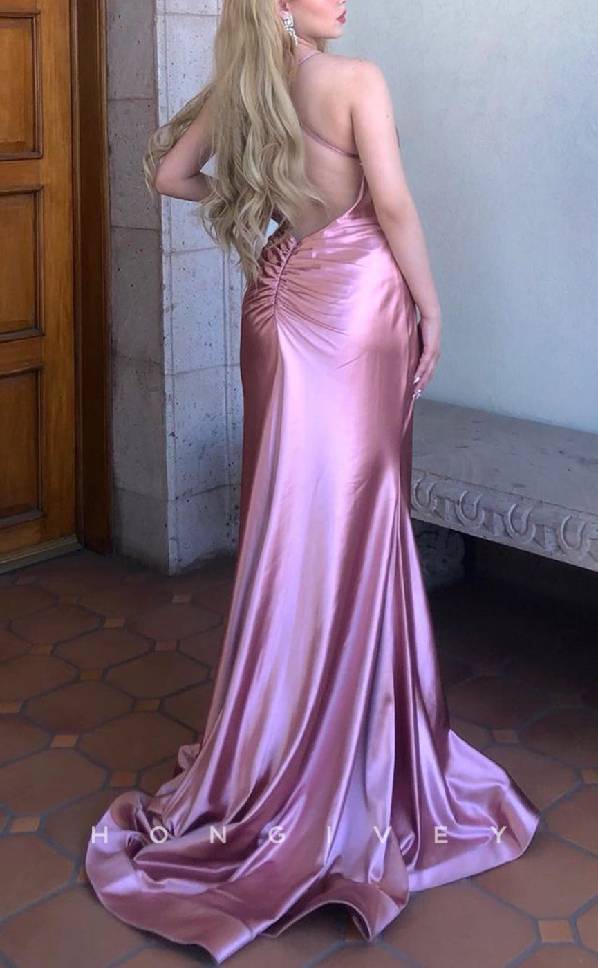 L2377 - Sexy Satin Trumpet V-Neck Spaghetti Straps Empire Ruched With Train Party Prom Evening Dress - Fashionpara