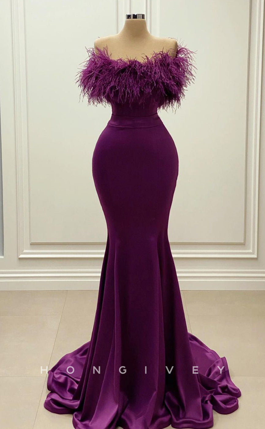 L2429 - Sexy Satin Trumpet Off-Shoulder Empire Feathers With Train Party Prom Evening Dress - Fashionpara